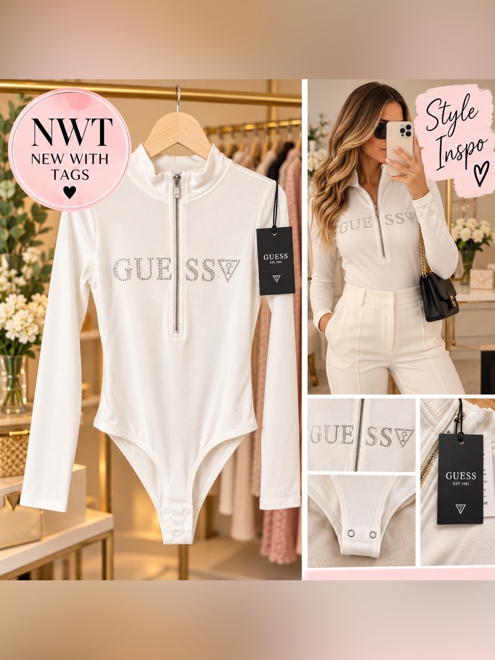 NWT- GUESS White Long-Sleeve Zip Bodysuit with Rhinestone Logo